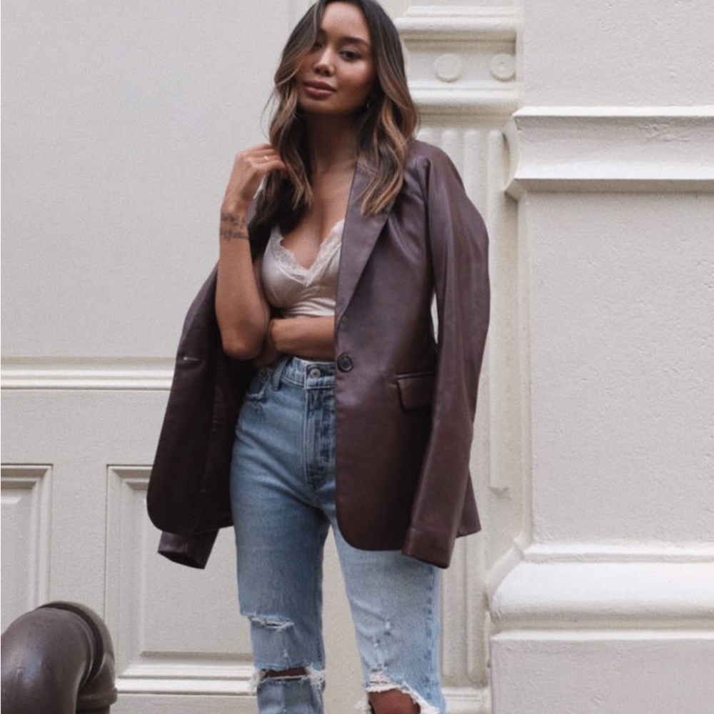 Vegan Leather Blazer - Burgundy/Brown